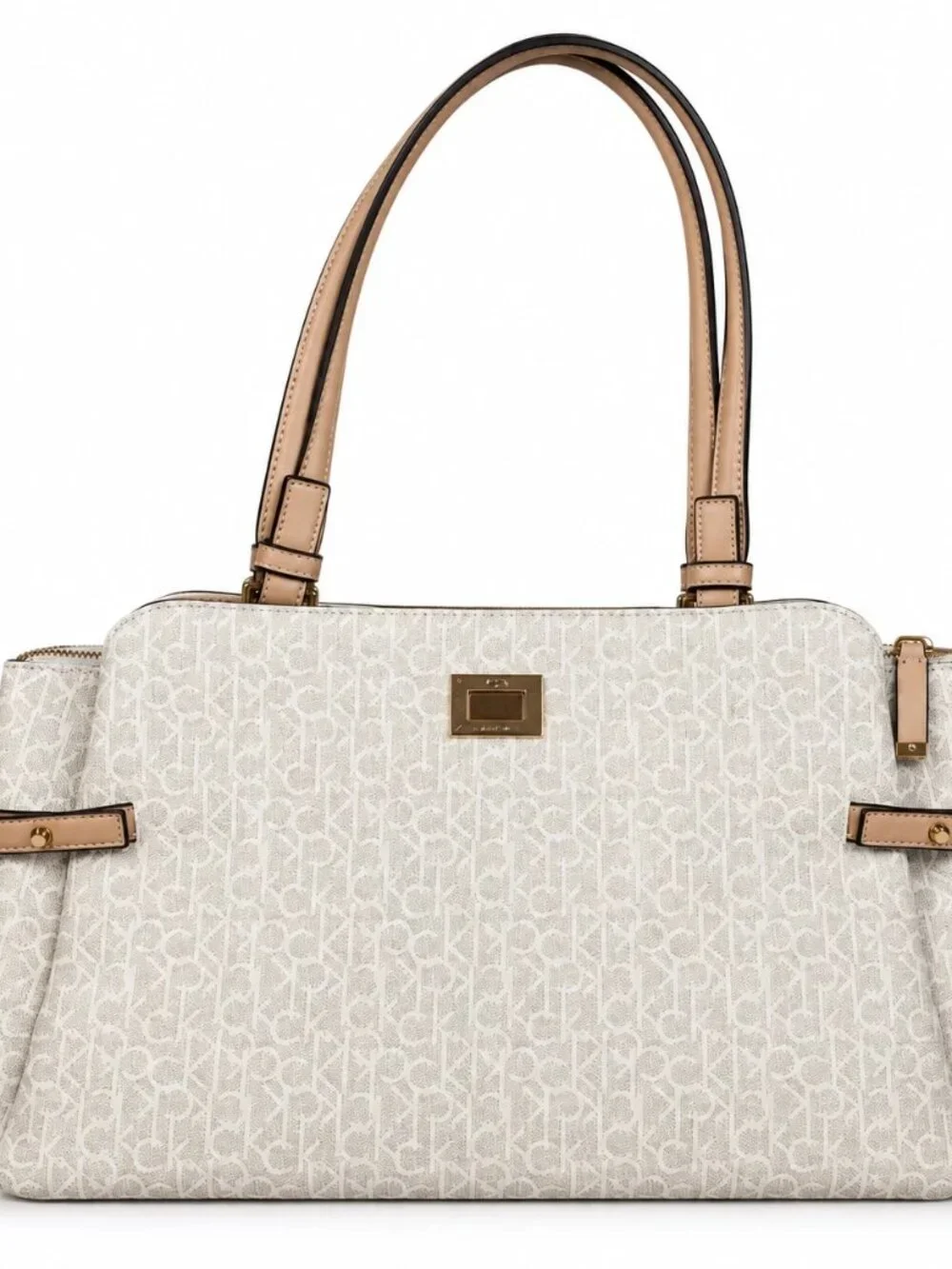 Calvin Klein CK Monogram Beige Tan Shoulder Bag Satchel Purse Gold Hardware